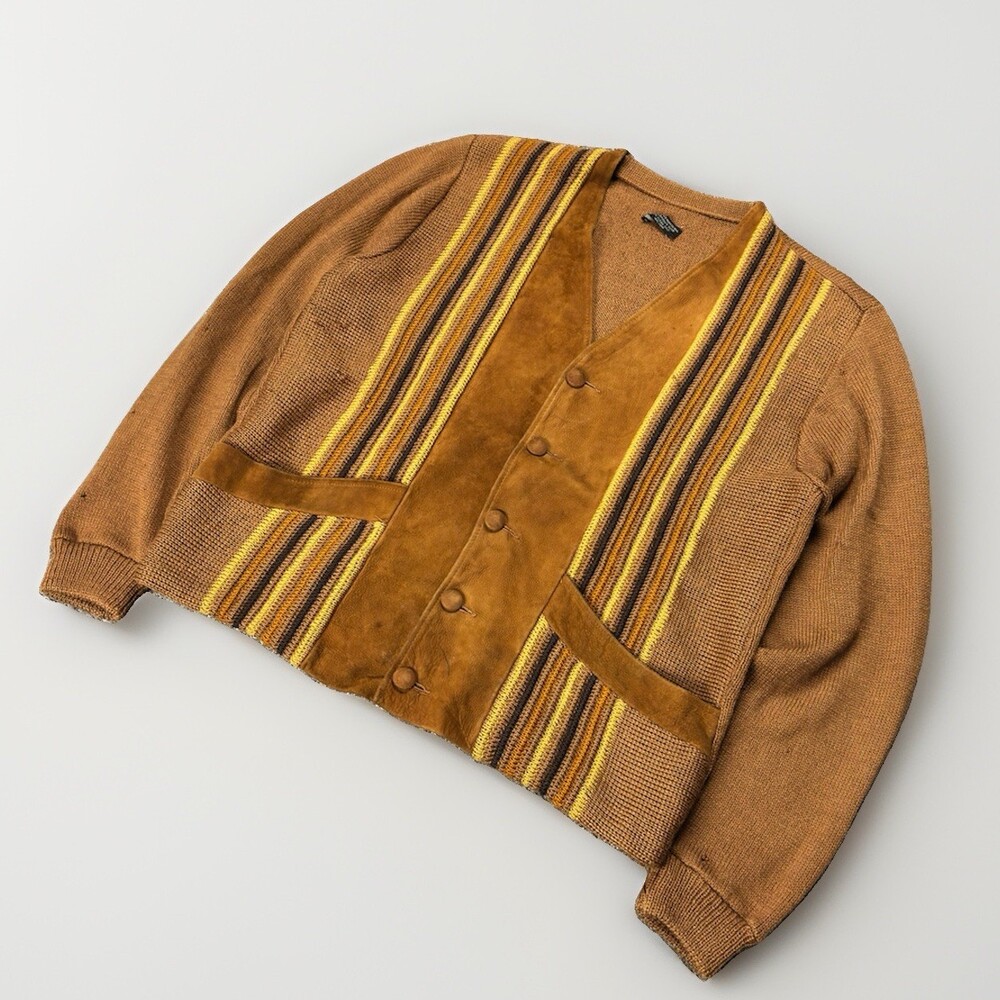VTG 50s 60s L TownCraft Penneys Wool Lambskin Suede Leather Striped Cardigan USA